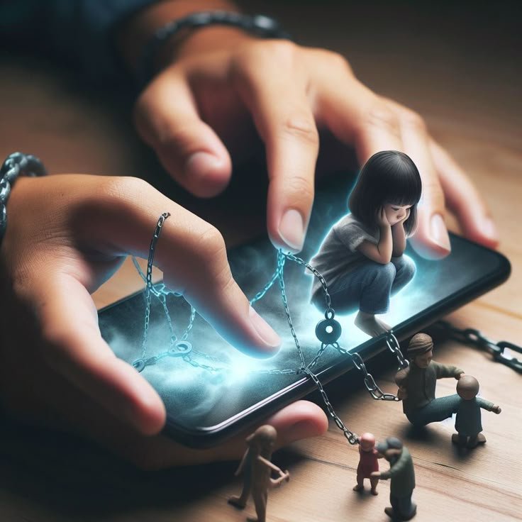 A child sitting on a glowing smartphone screen, chained and looking sad, while miniature family members try to pull her out, symbolizing mobile addiction in children.