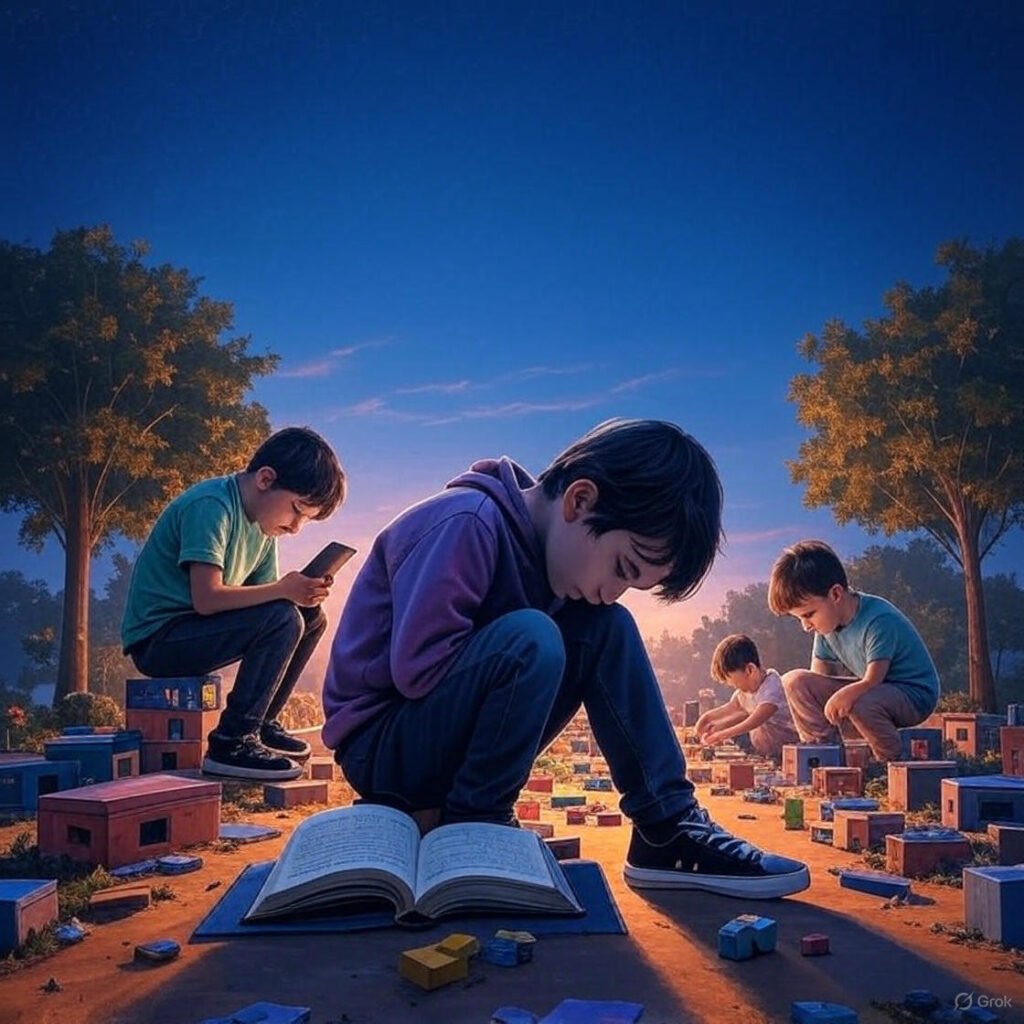 Three children under a sunset sky with trees: one reading a book with a tablet, another using a smartphone on a stool, and a third building with colorful blocks, representing diverse activities.