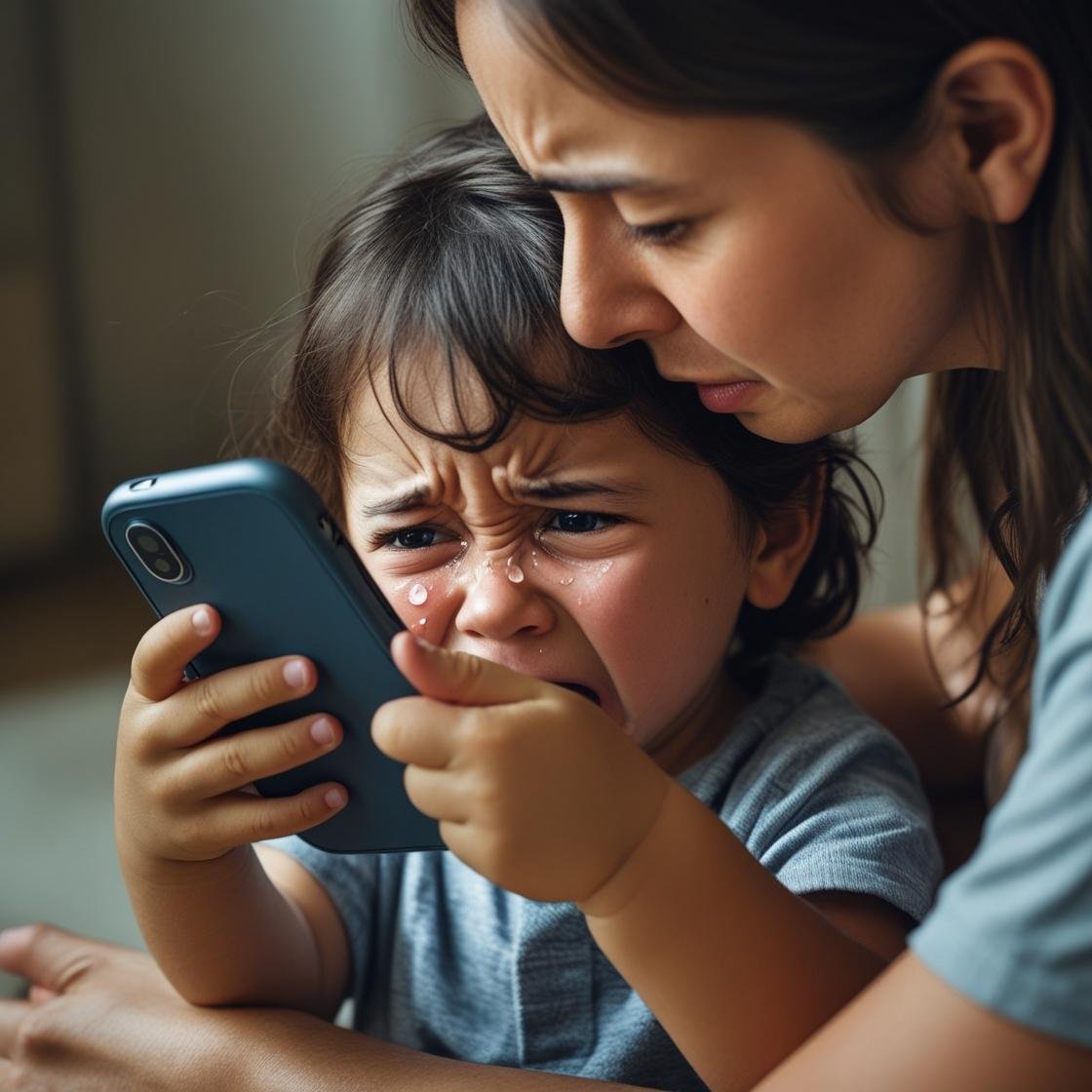 Crying child in a gray shirt holding a smartphone with tears, comforted by an adult in a blue shirt, illustrating the emotional effects of screen time indoors.