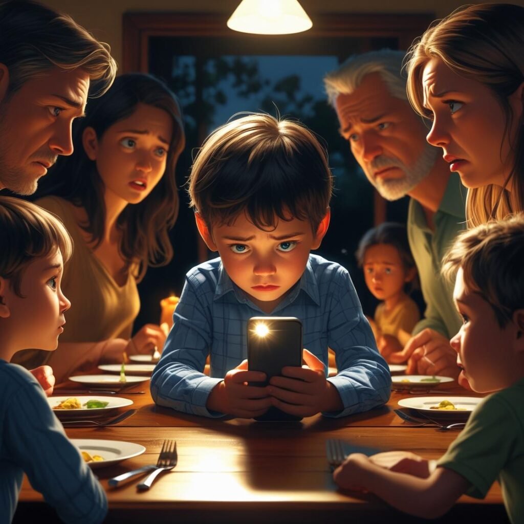 A young boy fixated on a smartphone at the dinner table, while his concerned family looks on