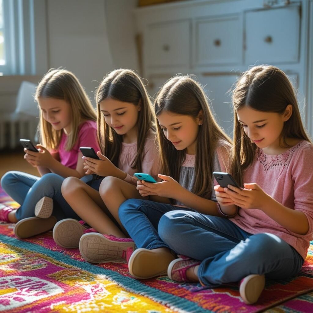 Four young girls sitting on a colorful rug, each engrossed in their smartphones, with soft natural light coming through a window. Vibrant symbols of offline activities like books, a soccer ball, and art supplies fade in the background, highlighting the need for a digital detox.