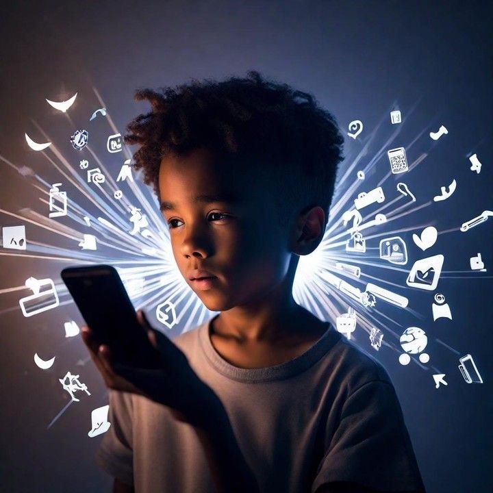 A young child holds a glowing smartphone, with a radiant burst of app icons and symbols projecting around their head, illustrating the overwhelming influence of mobile addiction on their mind and focus.