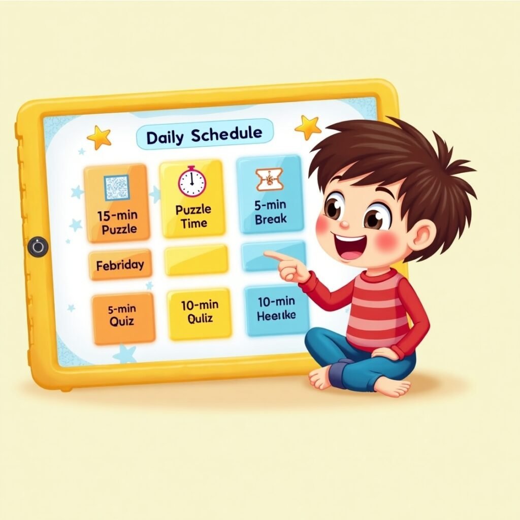 Tablet showing child’s personalized learning schedule with focus activities.