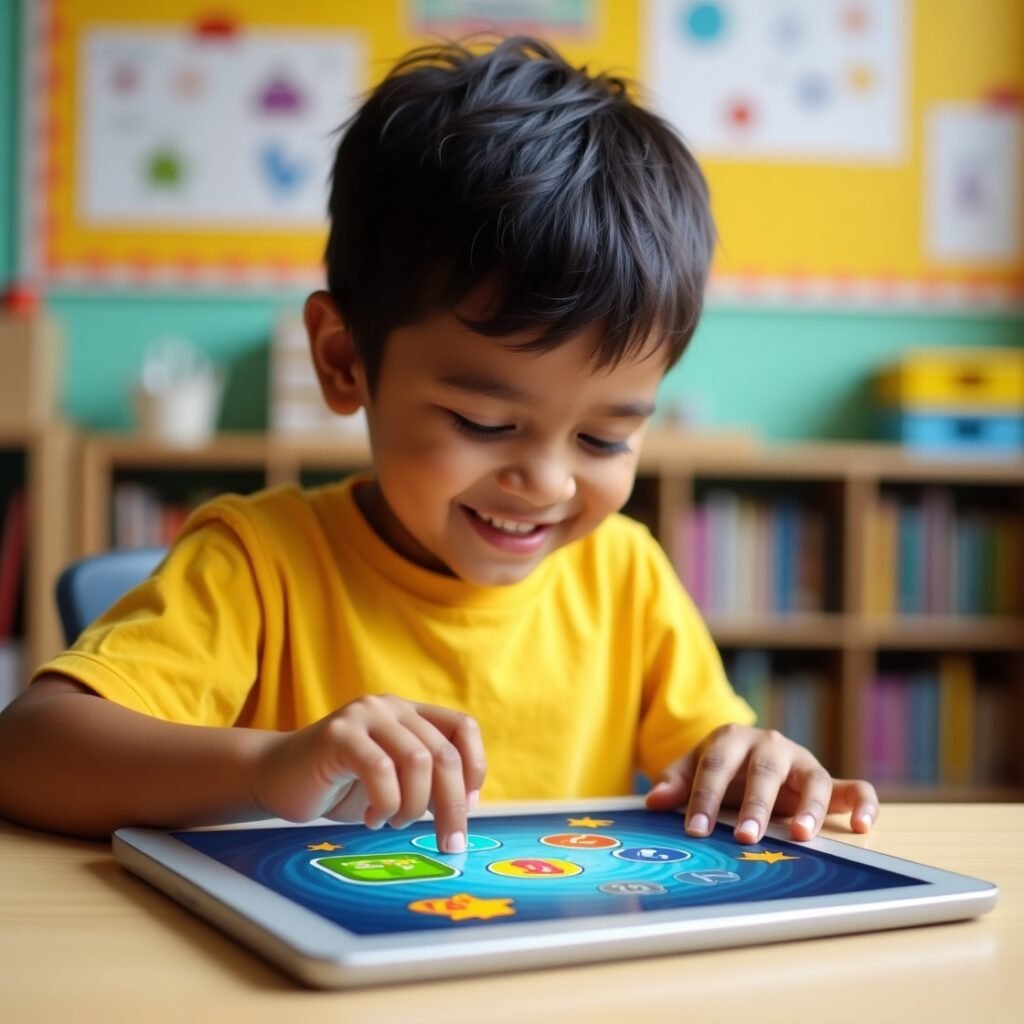Child playing FocusFun brain games and smart quizzes to improve focus and IQ