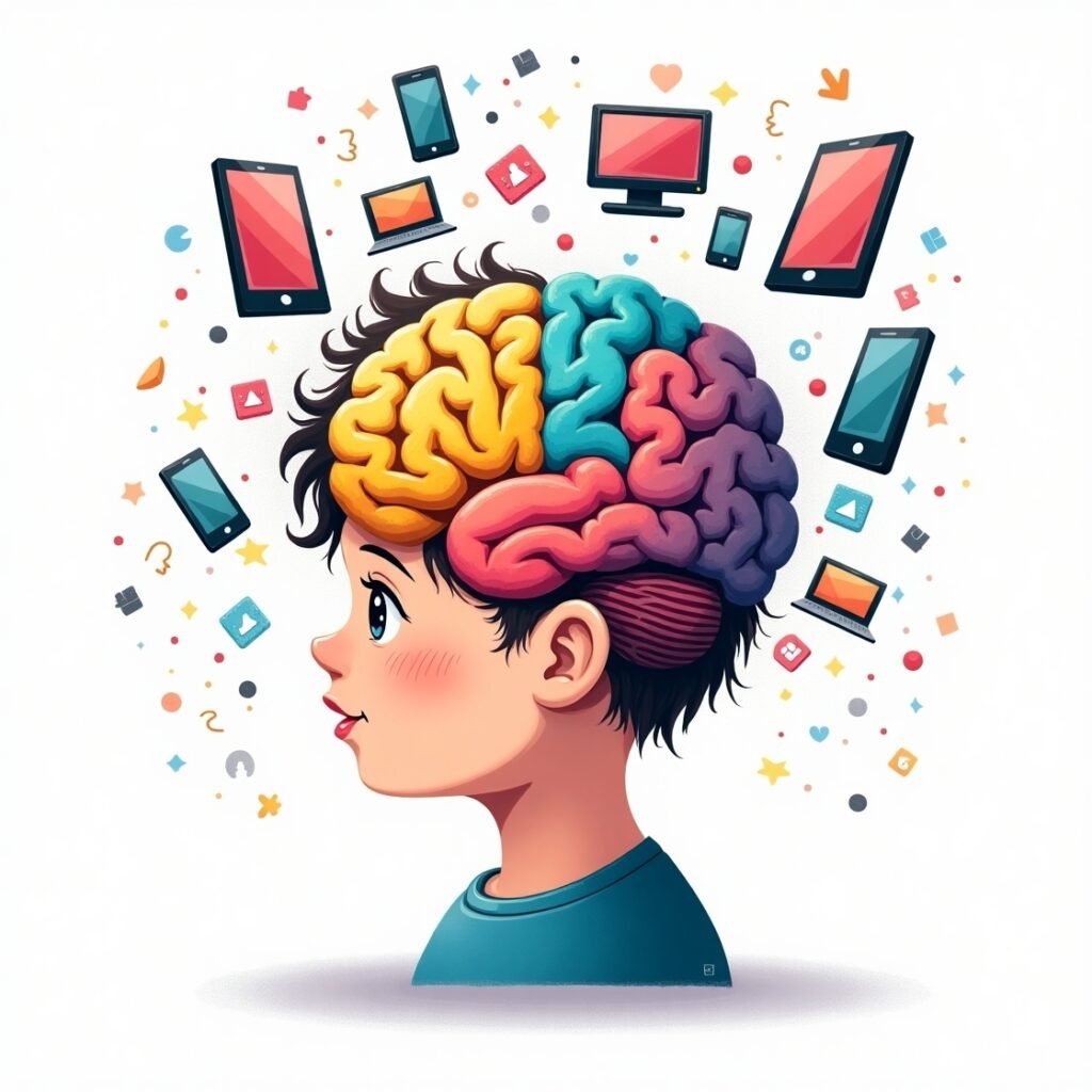 a child's head with brain and devices flying out