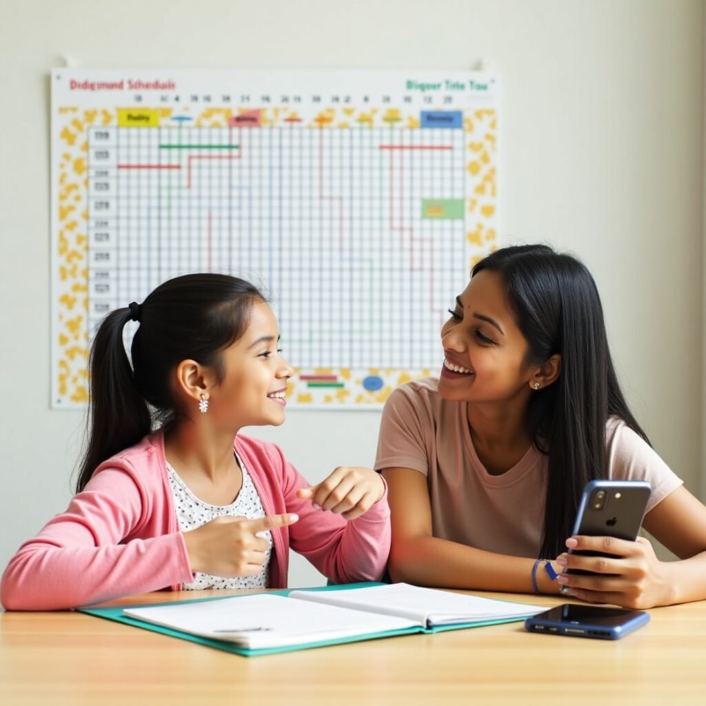 Mother and child planning healthy screen time limits for kids using a daily routine chart