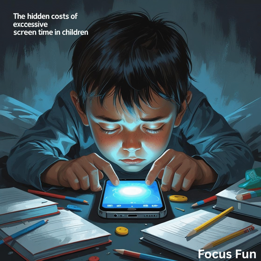 "Focus Fun app highlights the impact of excessive screen time on children as a boy uses a smartphone at night surrounded by homework