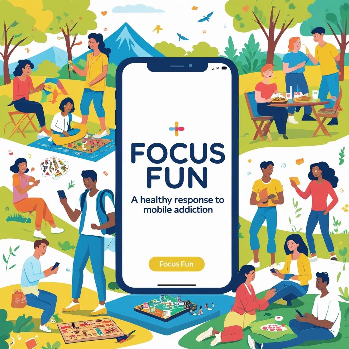 Colorful park scene with mountains and trees, showcasing a large smartphone with the Focus Fun app promoting healthy mobile addiction responses, surrounded by people playing board games and enjoying picnics.