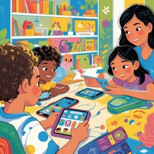 Kids’ Digital Issues & Parental Control (3) Vibrant Focus Fun app interface on a smartphone, showing a park with mountains and trees, a "Focus Fun" button, people playing board games and picnics, featuring a woman in a light blue shirt and a man in a gray sweater.