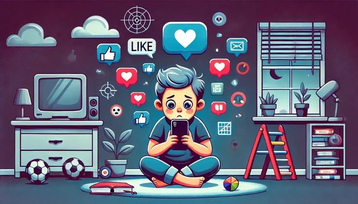 A child sits on the floor, engrossed in a smartphone with social media icons like likes and hearts floating around, surrounded by unused toys and books, indicating Loss of Interest in Offline Activities in Kids.