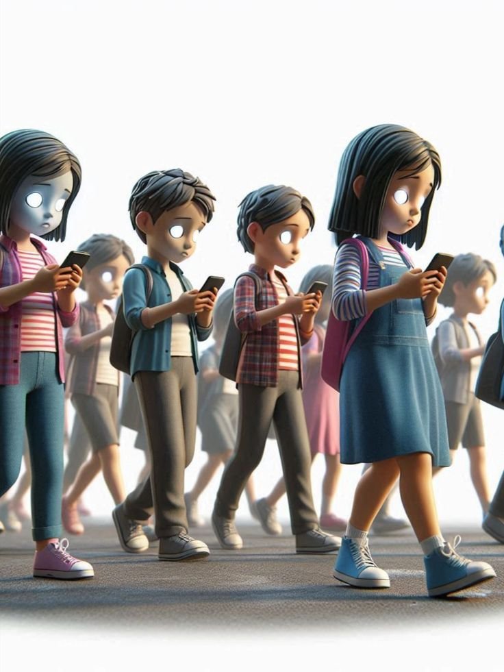A group of animated children walking with glowing eyes, each engrossed in their smartphones, symbolizing the warning signs of mobile addiction and its impact on their awareness and behavior.