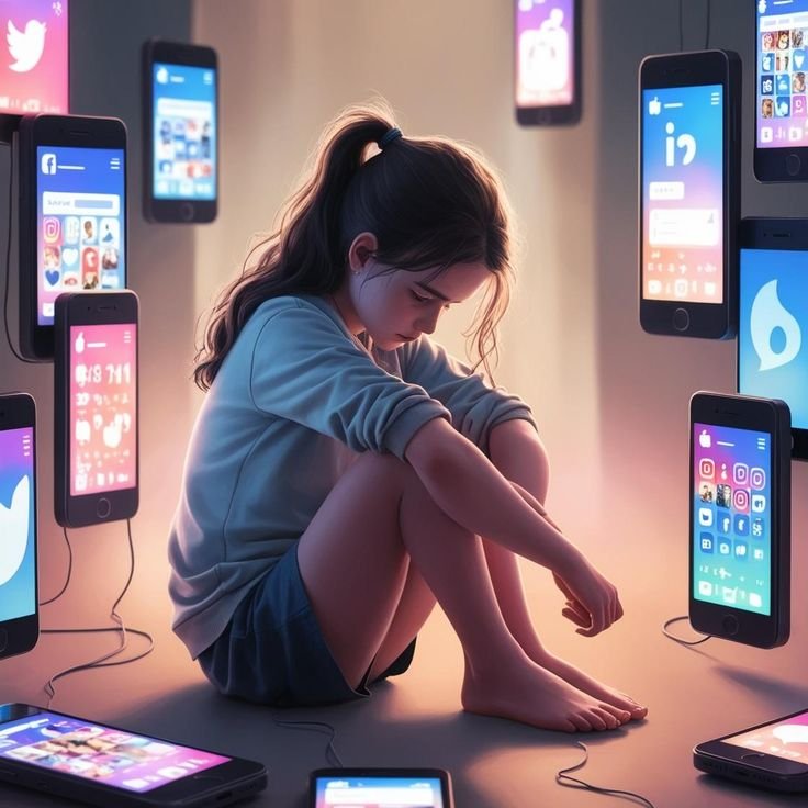 A young girl sits cross-legged on the floor, surrounded by glowing smartphones displaying social media apps like Twitter, Instagram, and Facebook, with cords connecting them, symbolizing the overwhelming impact of mobile addiction on her emotional well-being.
