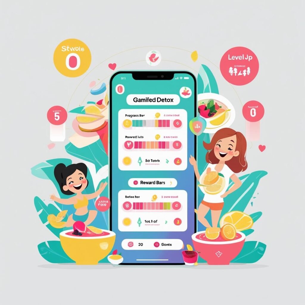 Unique Benefit_ Gamified Detox Experience (1) Vibrant smartphone screen showing Gamifed Detox app with progress bars, rewards, and icons, flanked by animated characters with fruit bowls and lush greenery, promoting a healthy detox lifestyle.
