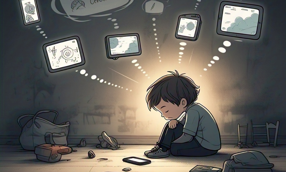 Sad child sitting alone with glowing phone, surrounded by digital screens — symbolizing a rising child behavioral issue.