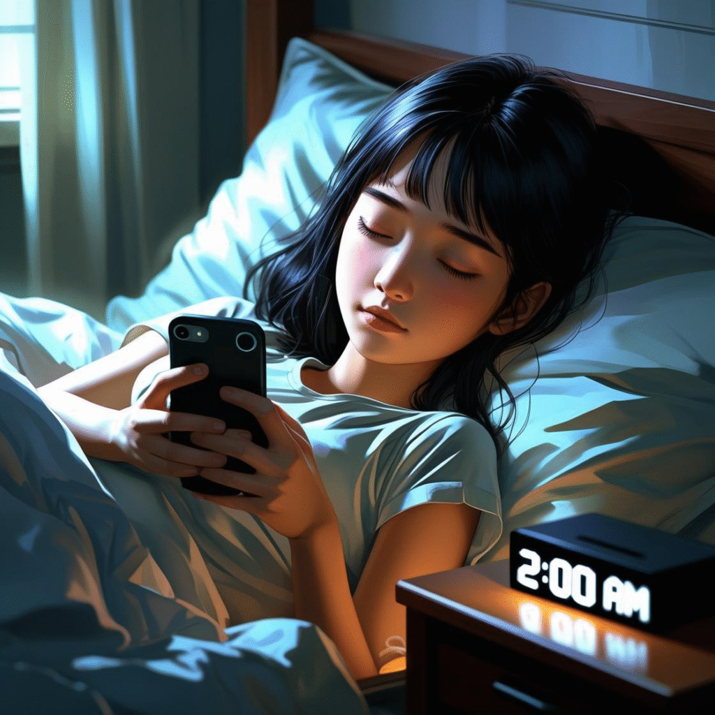 Young girl using smartphone in bed at 2:00 AM, struggling with screen time and sleep issues