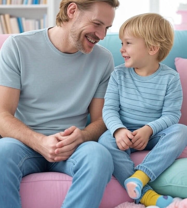 : Parent and child on a couch discussing seriously in a pastel-toned office with bookshelves and toys in the background.