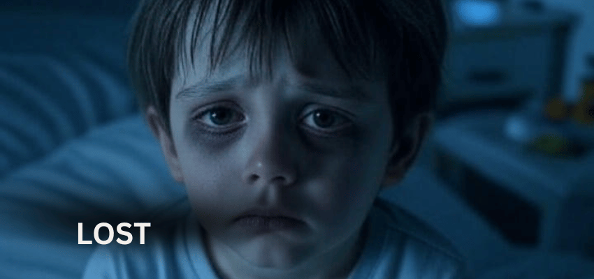 Young boy with tired eyes and dark circles struggling to sleep due to mobile addiction side effect.