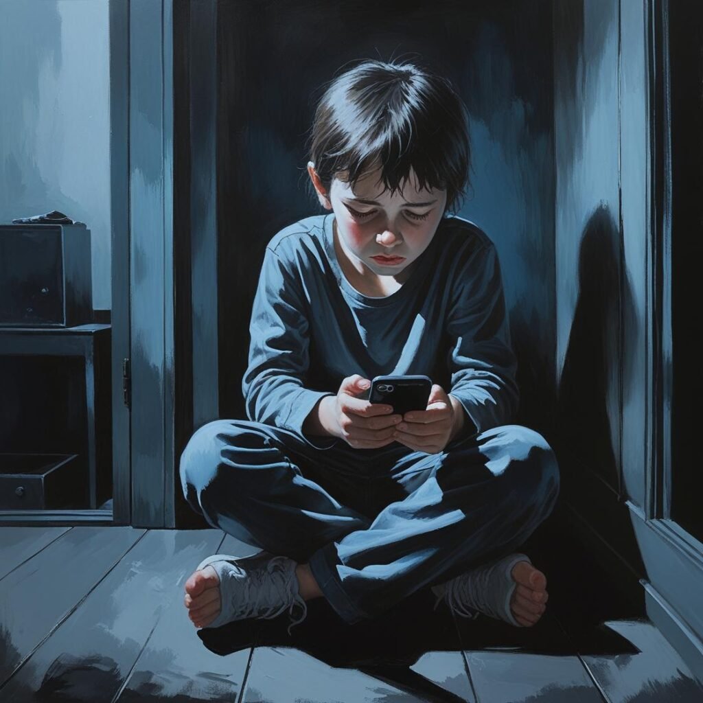 Young child sitting cross-legged on a wooden floor, focused on a smartphone in a dimly lit room with minimal furniture, showcasing technology's influence in an artistic style.