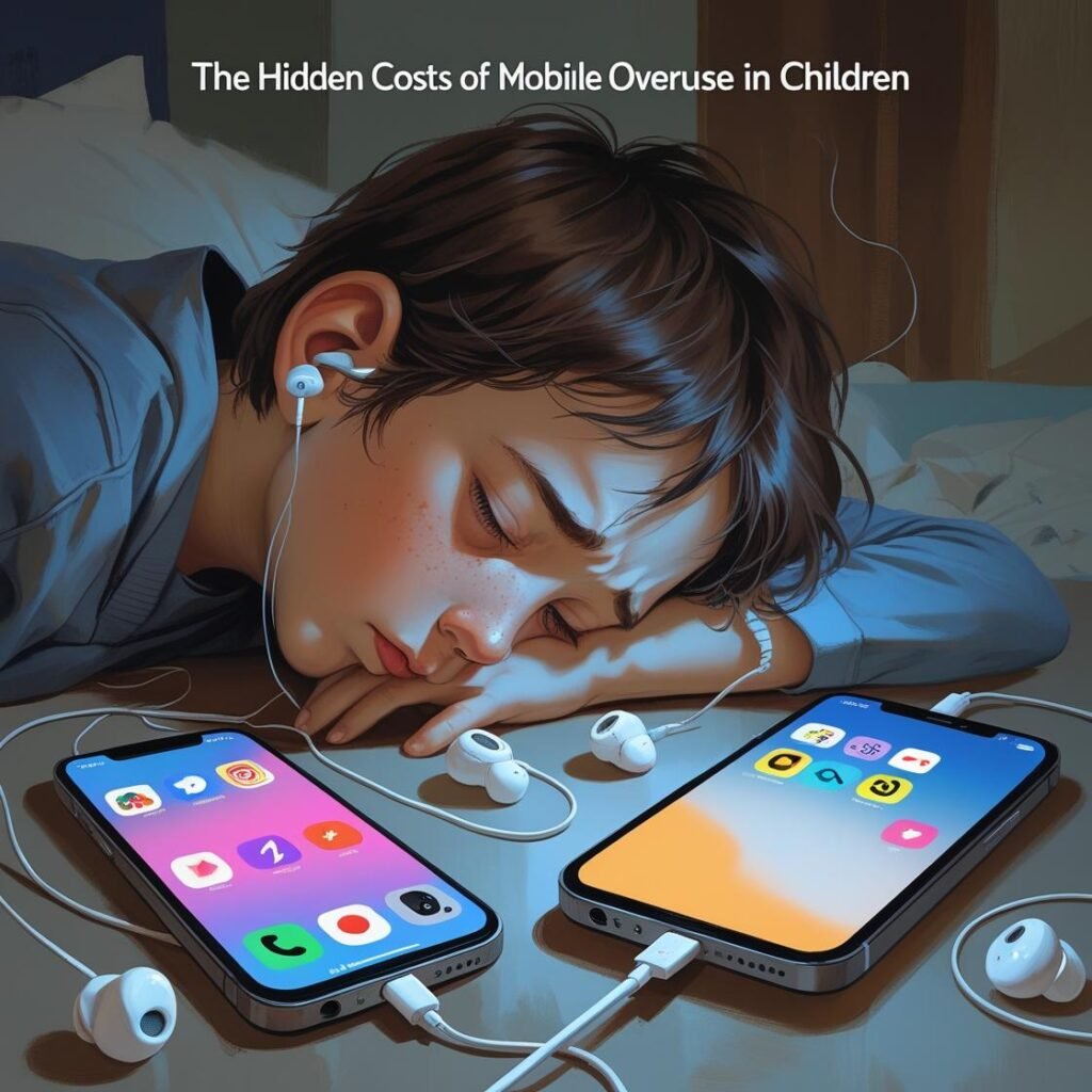 "Two children reading about social media's impact on mental health, reflecting mobile addiction effects"
