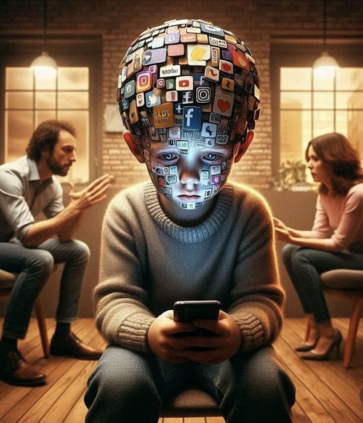 A child sits engrossed in a smartphone, with their head composed of various social media app icons, while two adults in the background appear concerned, symbolizing the profound impact of mobile addiction on young minds.