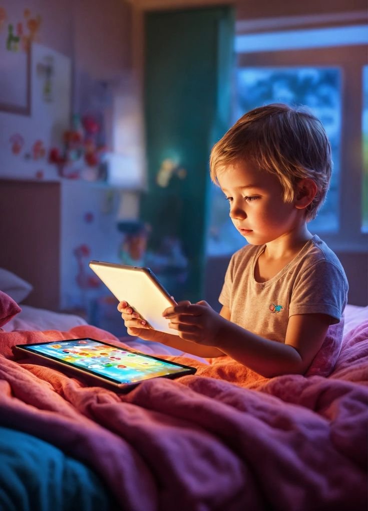 A child sits with a smartphone, their head composed of social media app icons, while concerned parents gesture, indicating Loss of Interest in Offline Activities in Kids.