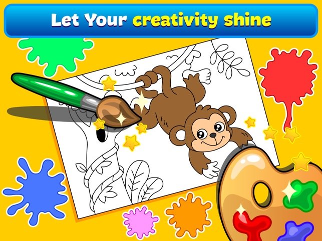 Child proudly showing both a coloring page and tablet after fill the colour activity