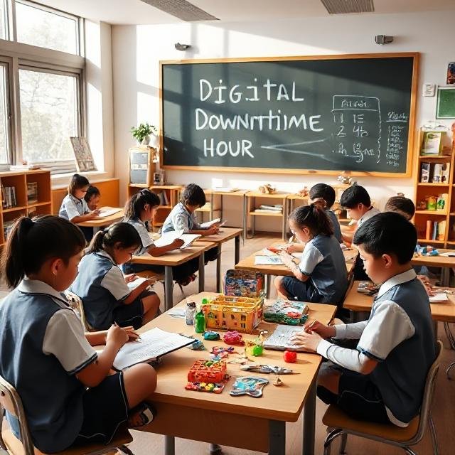 "School students practicing digital downtime through creative, screen-free activities in a calm classroom environment."