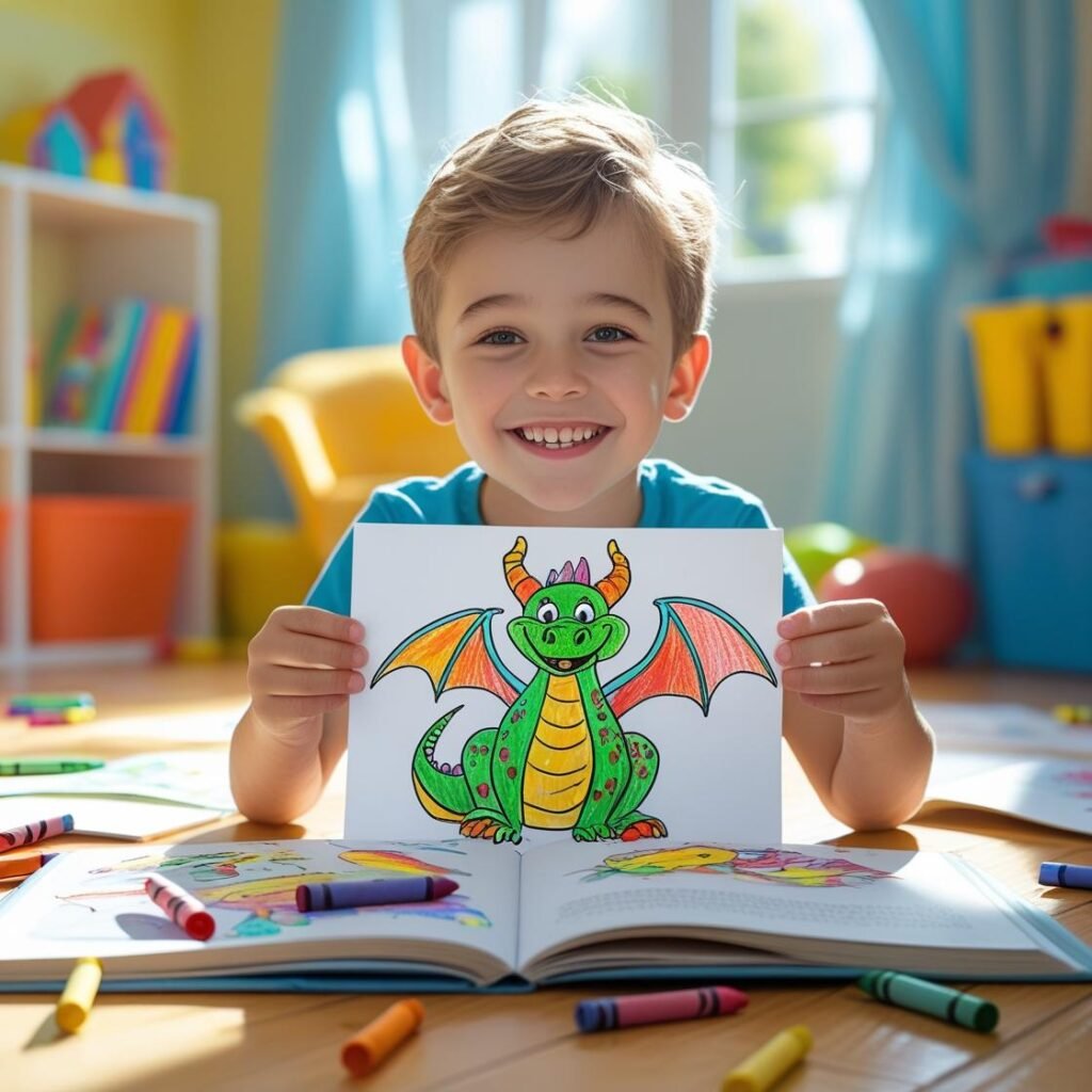 "A bright indoor setting with a child proudly holding up a hand-drawn dragon sketch. The child is smiling, surrounded by crayons, markers, and books. Background is tidy, colorful, and cheerful with natural light."