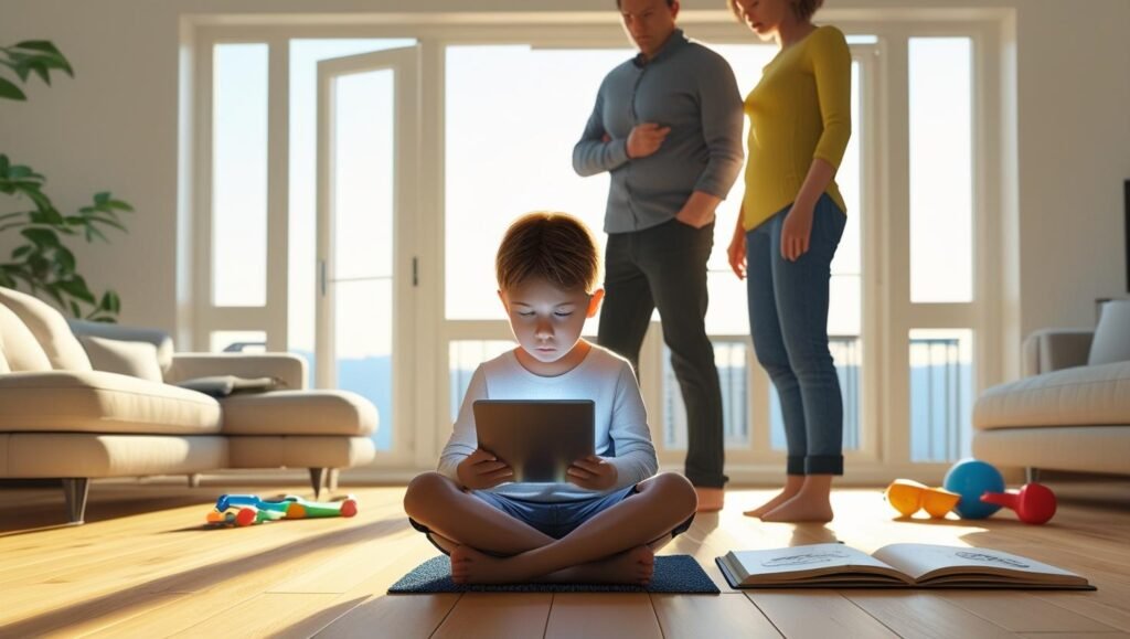 Child lost in screen addiction while concerned parents watch silently in a bright living room.