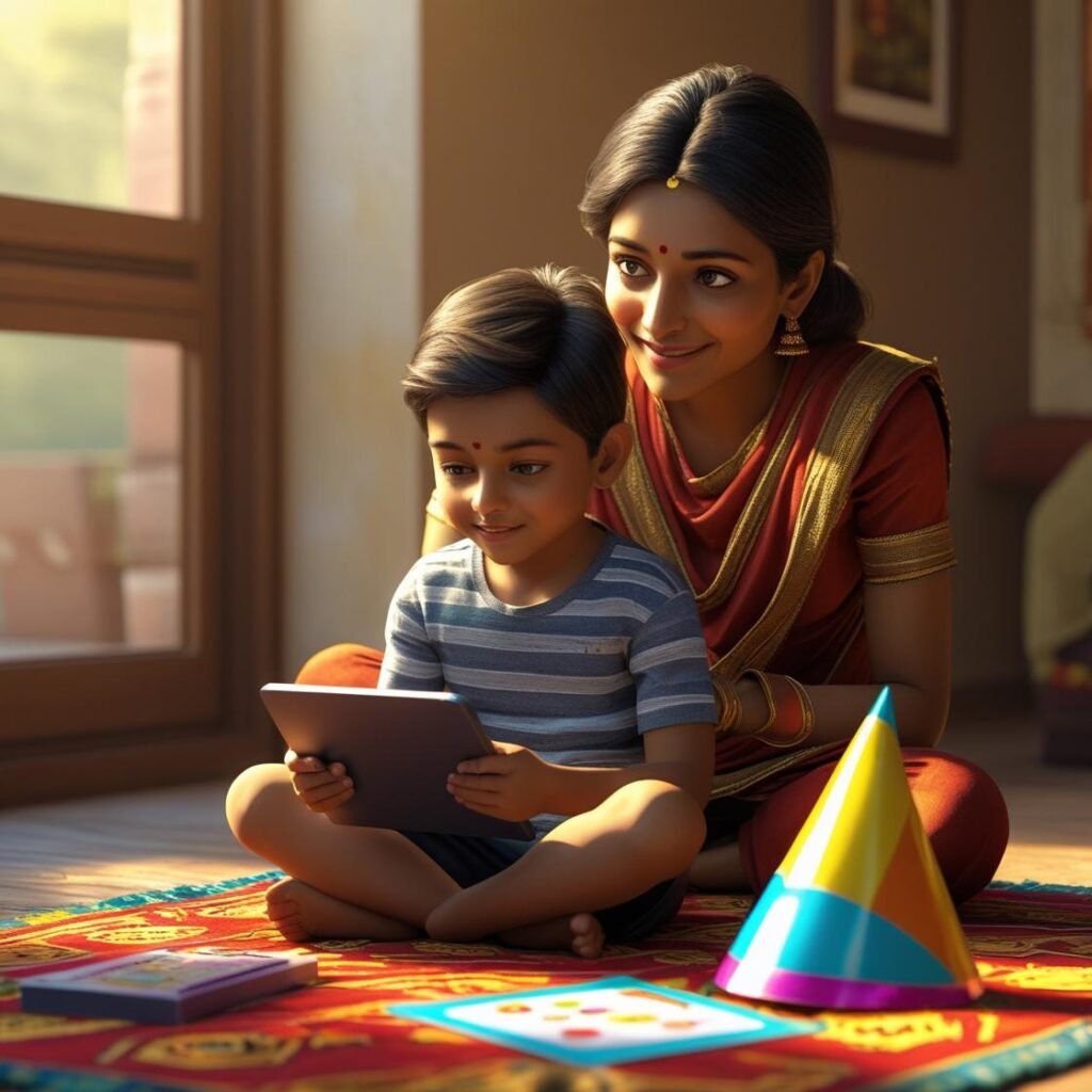“Mother watching child focused on a screen, ignoring a birthday invite nearby.”