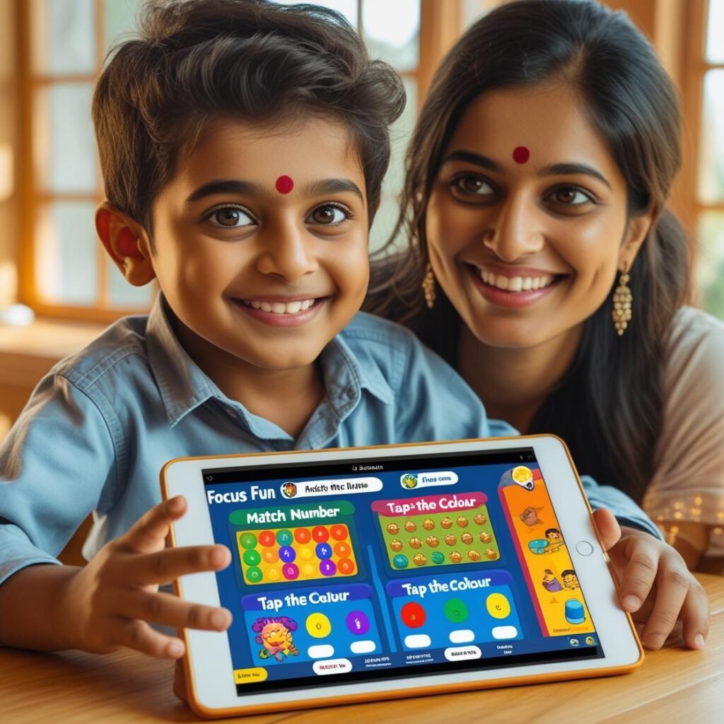 “Parent and child happily using Focus Fun app with learning games on a tablet.”