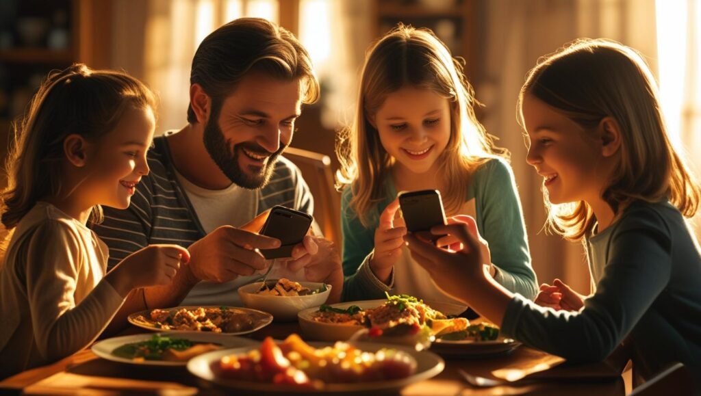 “Happy family enjoying screen-free dinner together.”