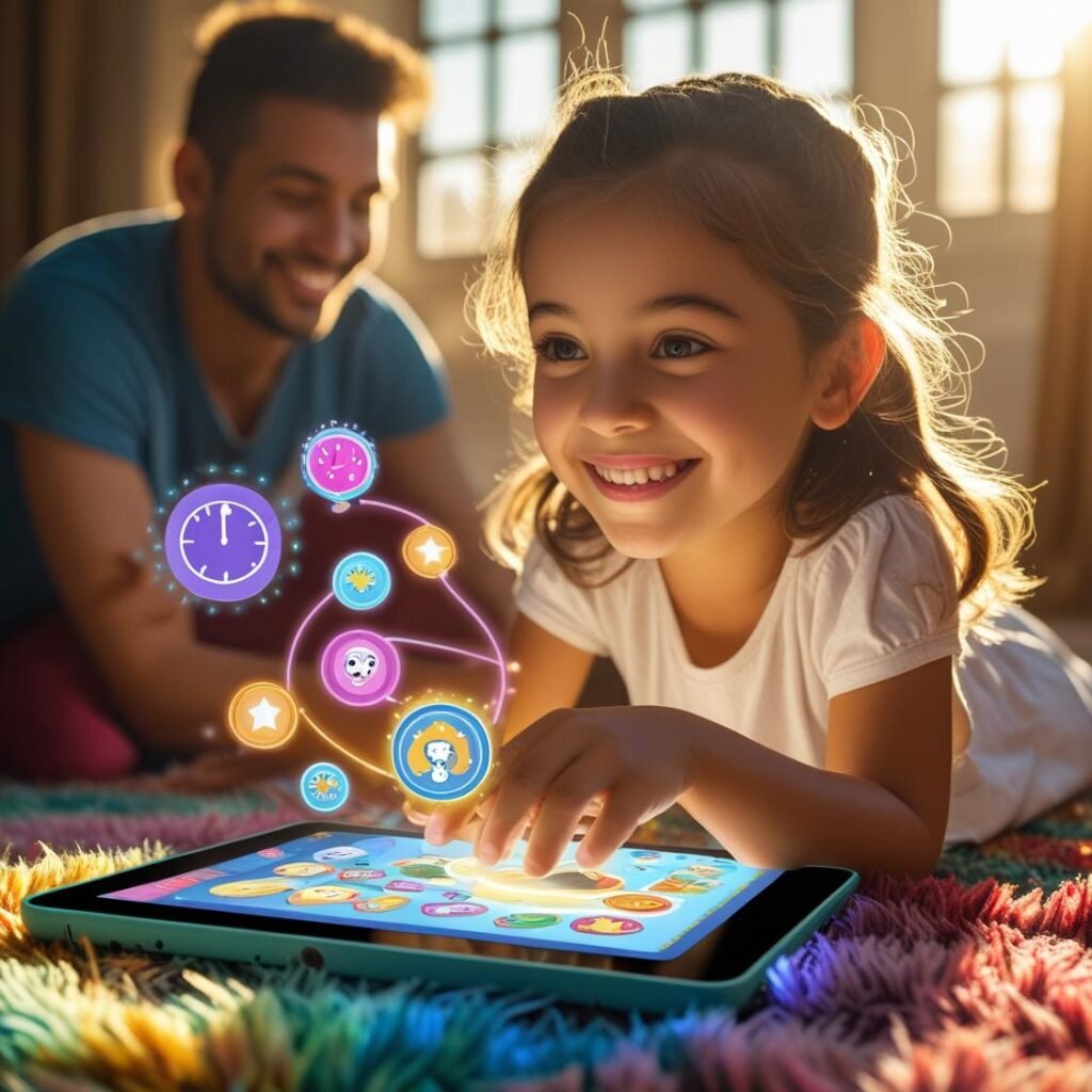 Child happily using Focus Fun app with parent nearby, showcasing a smart screen time solution”
