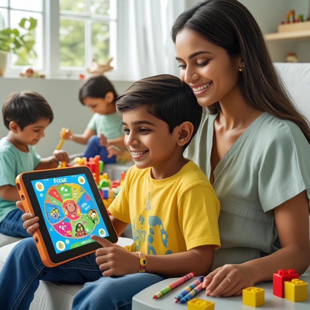 Child using the Focus Fun app in a bright room with parent and family nearby.