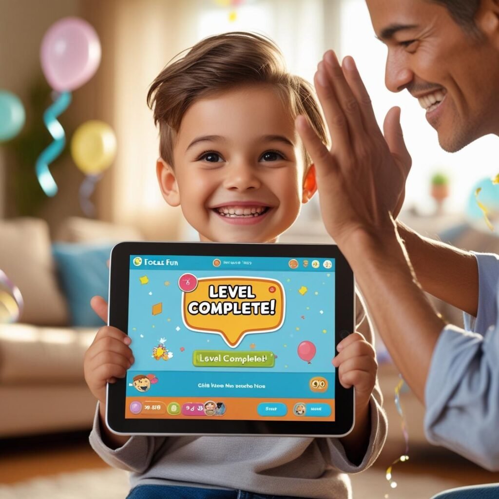 “Child celebrating a completed level on Focus Fun app with parent cheering