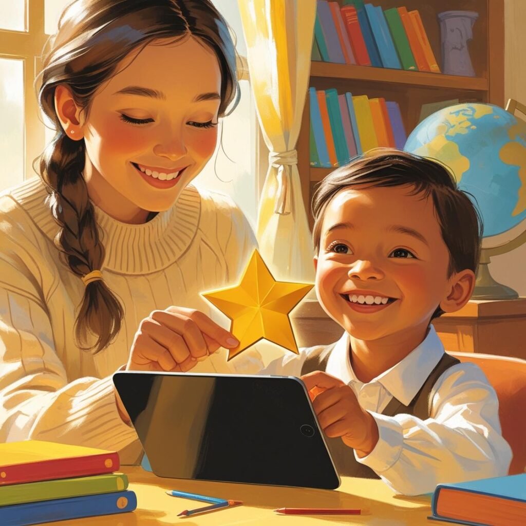 Teacher rewarding child using screen time control app