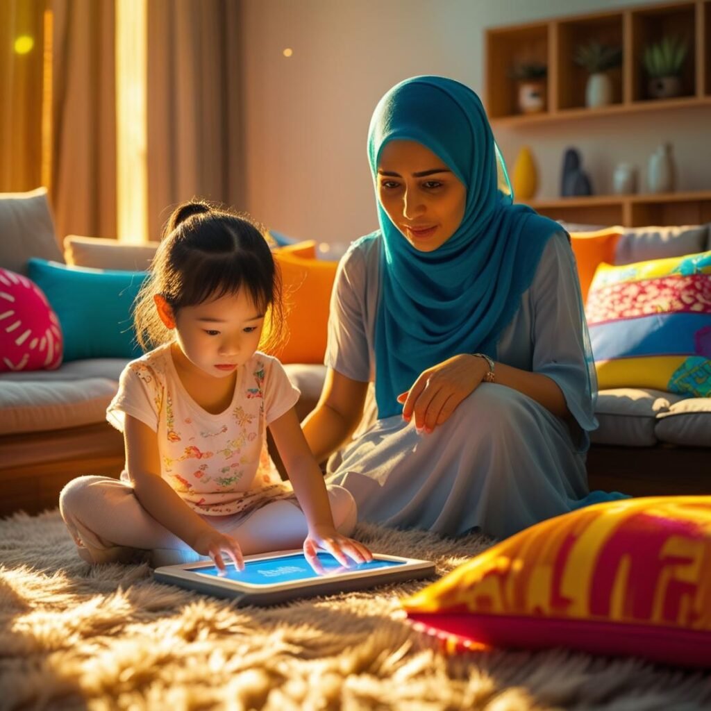 Bright image of child using tablet with concerned mother nearby – screen time brain development impact