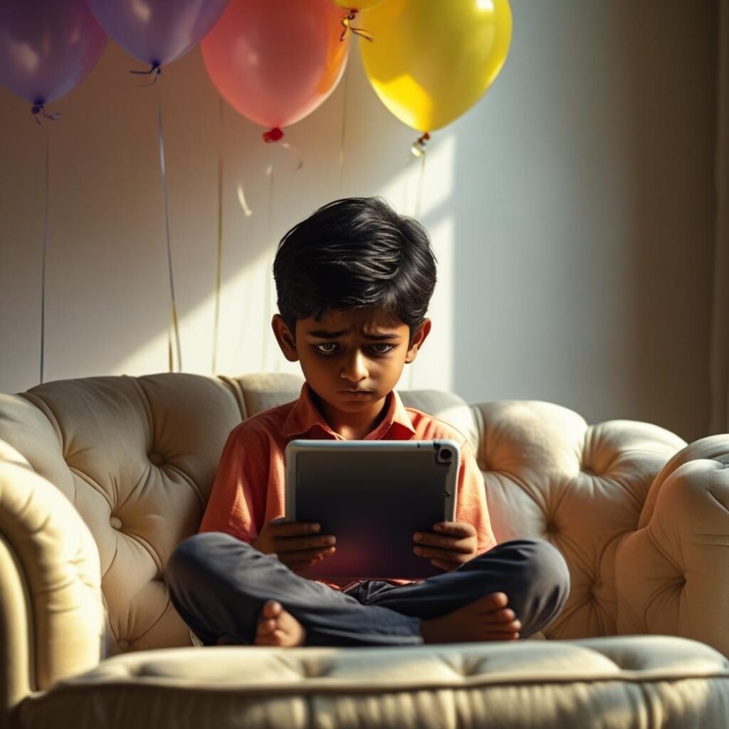 “Indian boy holding tablet, ignoring party balloons — symbolizing Kids screen isolation.