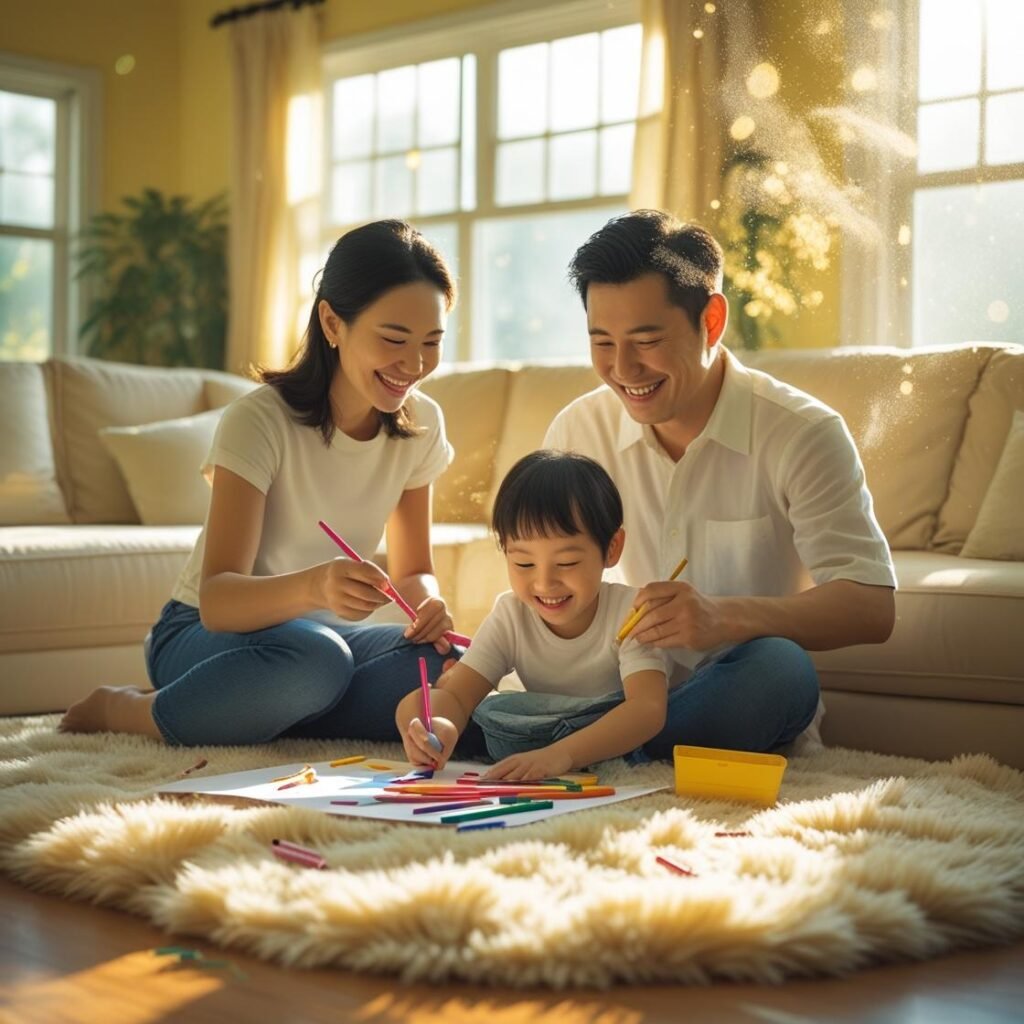A warm, cheerful family scene in a sunny living room. Parents and a child sitting on the floor, smiling and drawing together. No screens in sight. Sunlight pours through the windows, creating a peaceful and positive atmosphere."