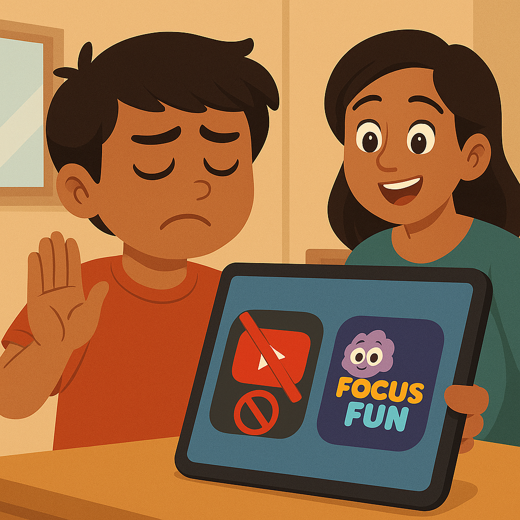 Child choosing Focus Fun over YouTube, surprising the parent.