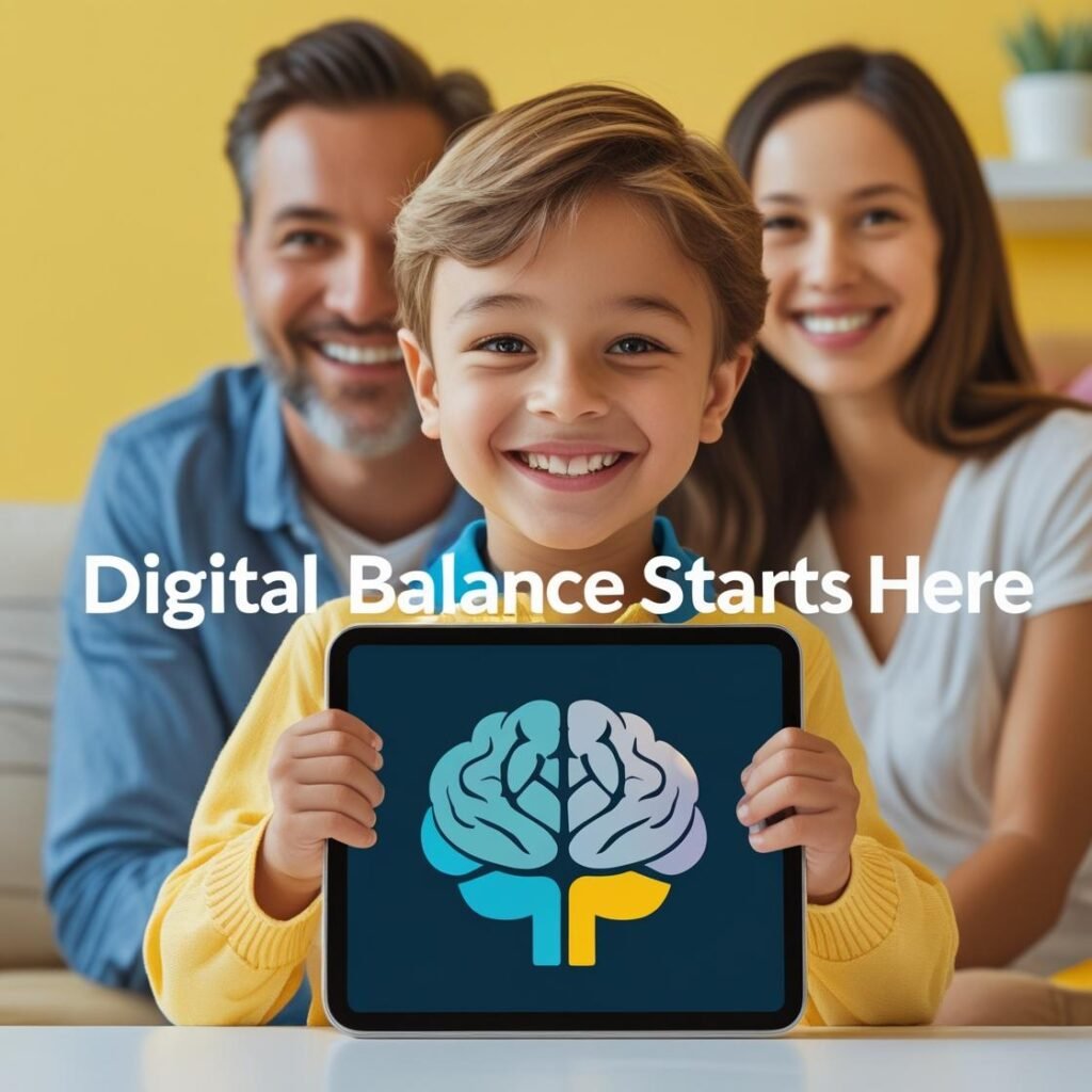 Bright image with tagline “Digital Balance Starts Here” over a child smiling with a brain icon and tablet, parent smiling nearby