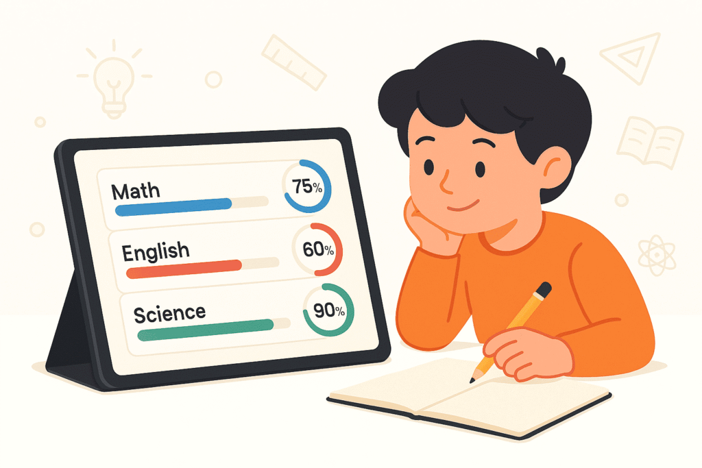 Child studying with a digital progress report showing math, English, and science scores—an example of how education games for kids can support learning.