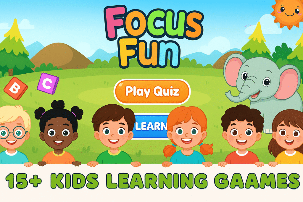 Colorful educational banner for kids featuring cheerful cartoon children, playful animals, and interactive buttons promoting quiz games online and learning activities.