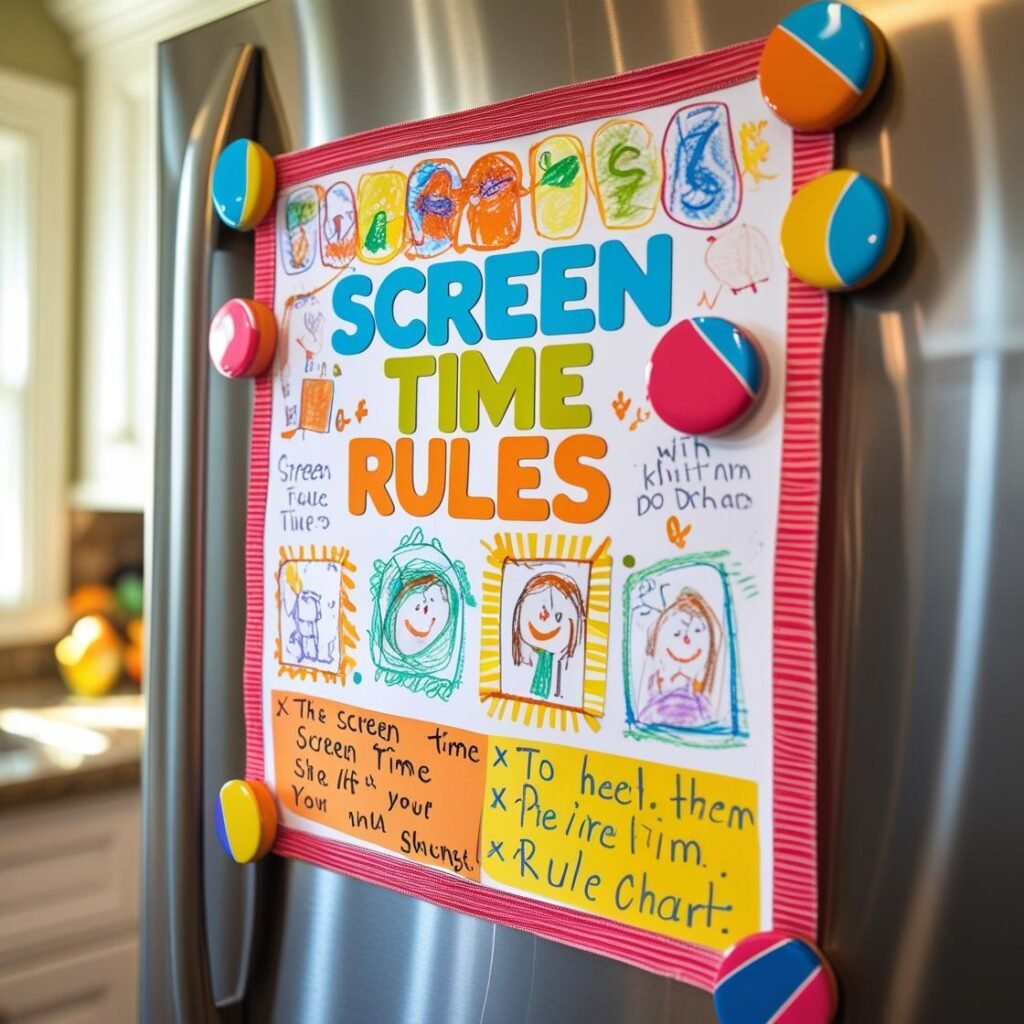 “Hand-drawn screen time rules chart on fridge.”
