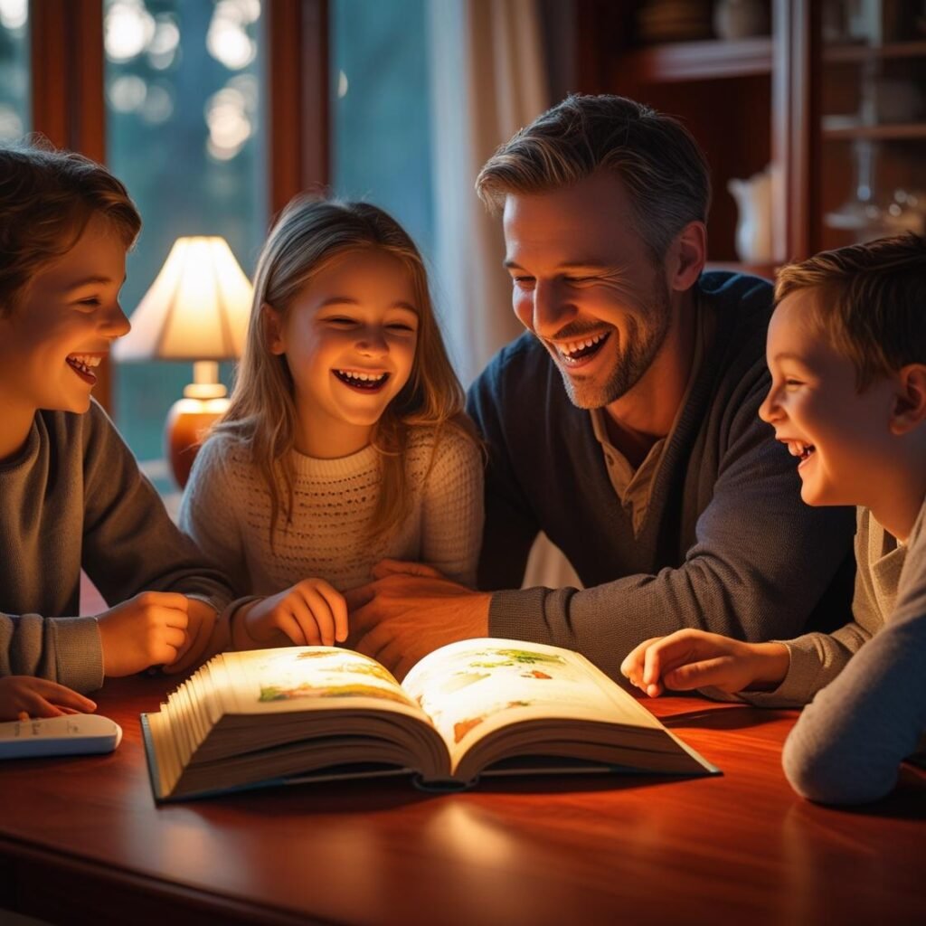 Family reconnecting at dinner without screens, encouraging real conversations and bonding.
