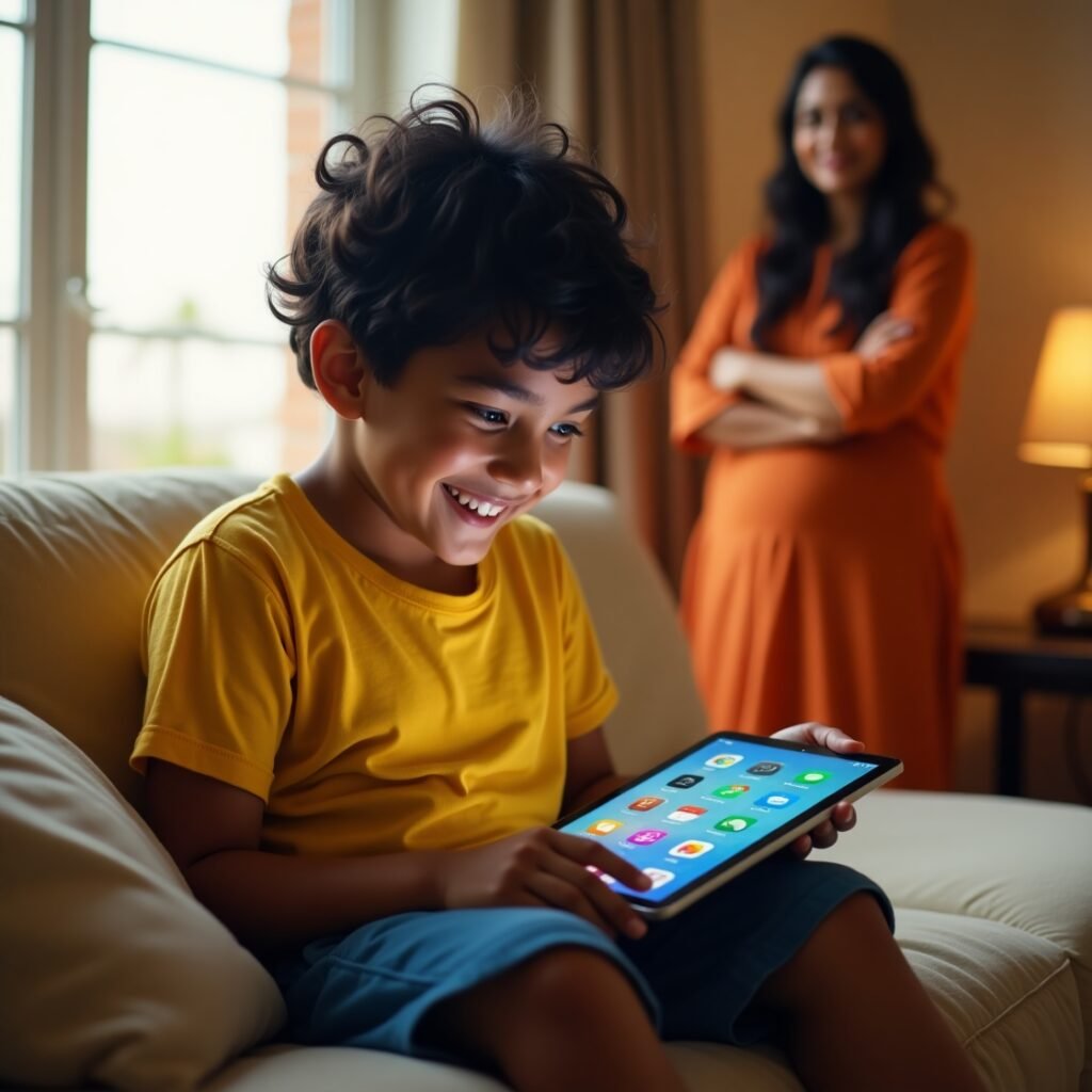 Indian boy using Focus Fun rewards app on tablet with mother smiling nearby.