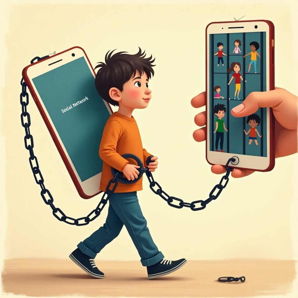 A teenage boy chained to a giant smartphone, burdened by digital addiction, with children trapped behind bars on a mobile screen.