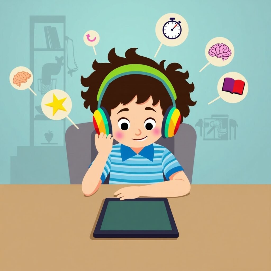 A focused child playing a brain-training game on the Focus Fun League app, surrounded by symbols of learning, time, and attention—promoting smarter screen habits.