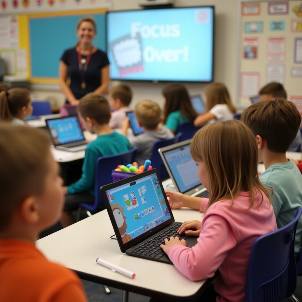 Children using tablets during a structured digital break in class with a teacher nearby.