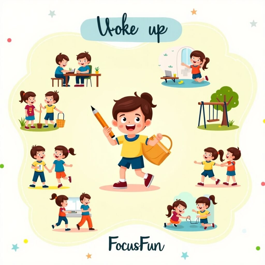 Illustrated children’s daily routine with “Woke Up” at the top and “FocusFun” at the bottom, showing kids doing activities like studying, playing, cleaning, and using a laptop.